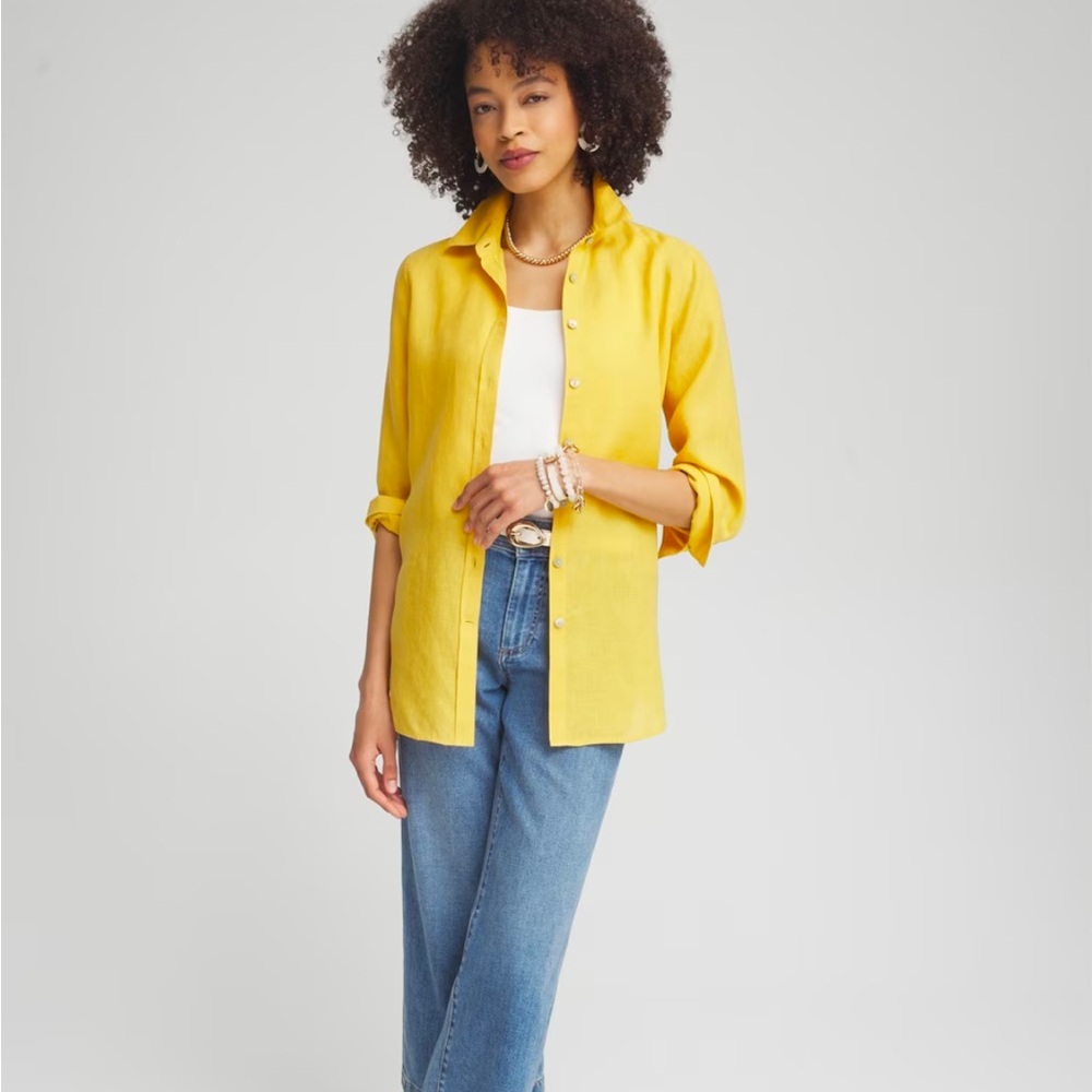 CHICOS Linen Size 3.5 /18 Button  Up 3/4 Sleeve Yellow Breathable No Iron Blouse